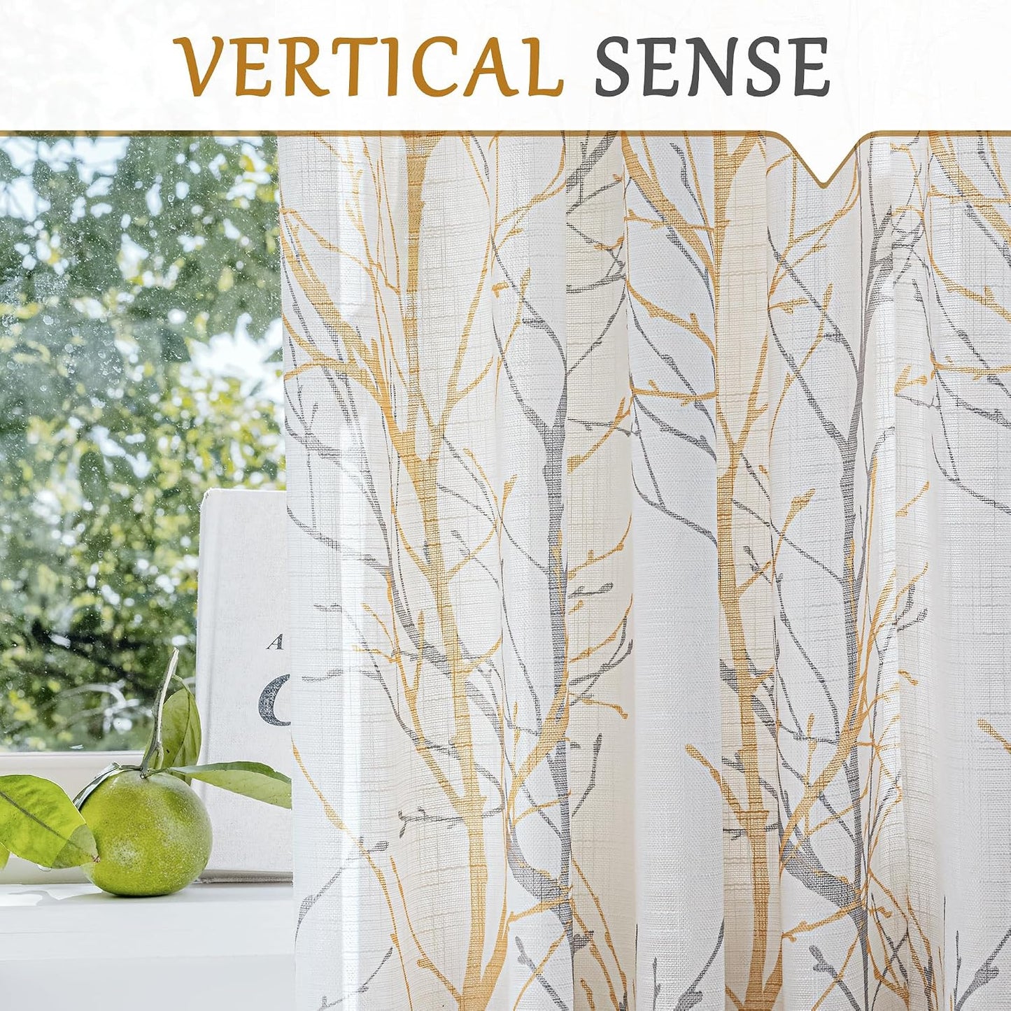 FMFUNCTEX Sheer Sidelight Front Door Curtains 40 Inches Long White Yellow Branch Tree Half Print Curtain for Patio Doors with Matching Tiebacks 24 Inches Wide 2 Panels Set