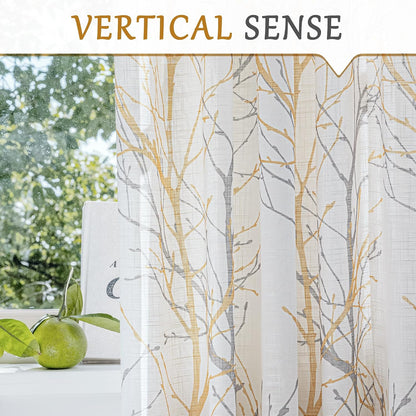 FMFUNCTEX Sheer Sidelight Front Door Curtains 40 Inches Long White Yellow Branch Tree Half Print Curtain for Patio Doors with Matching Tiebacks 24 Inches Wide 2 Panels Set