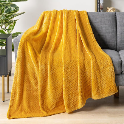 PAVILIA Mustard Yellow Fleece Throw Blanket for Couch Sofa Bed, Soft Fuzzy Waffle Jacquard Microfiber, Warm Lightweight Fade-Resistant Decorative All Season Throw, 60x80 Twin