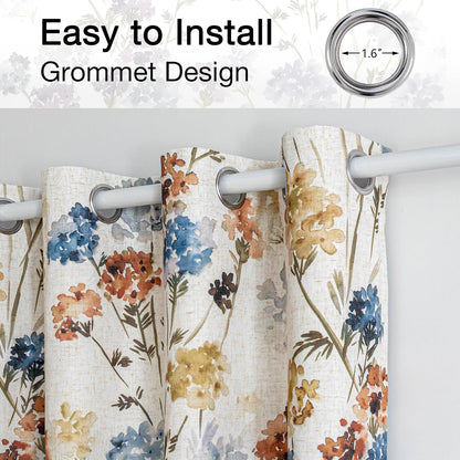 MYSKY HOME Floral Linen 100% Blackout Curtains 84 Inch Length 2 Panels for Living/Dining Room Bedroom Double Layer Thermal Insulated Farmhouse Flower Patterned Grommet Top Drapes, Yellow, 52" W Each