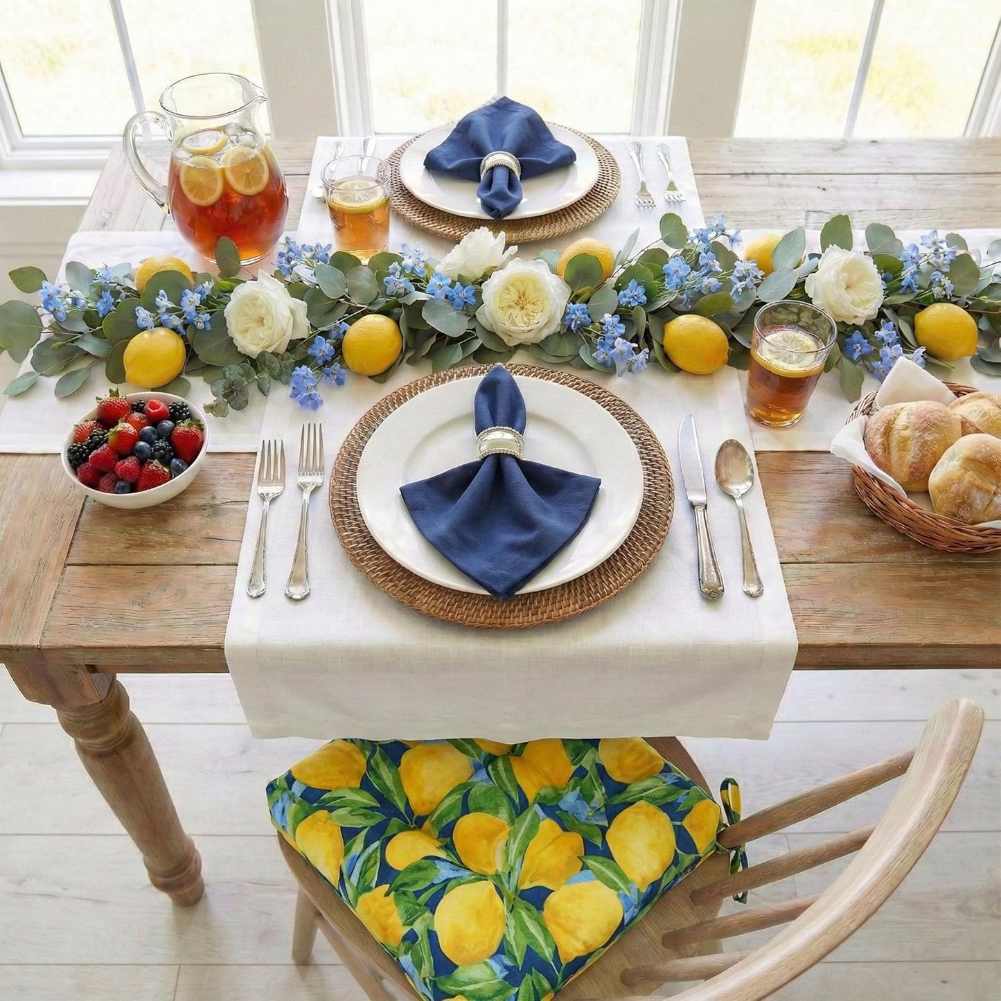 Barnett Home Decor Indoor Outdoor Dining Chair Cushions - Lemons Blue Mediterranean Size Small Patio Chair Cushions 15 x 17 - Fade Resistant Weather Resistant - Latex Foam Fill Pad