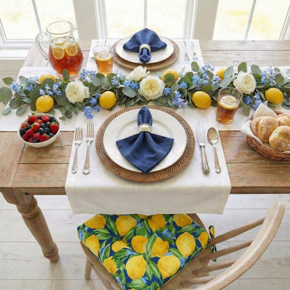 Barnett Home Decor Indoor Outdoor Dining Chair Cushions - Lemons Blue Mediterranean Size Small Patio Chair Cushions 15 x 17 - Fade Resistant Weather Resistant - Latex Foam Fill Pad