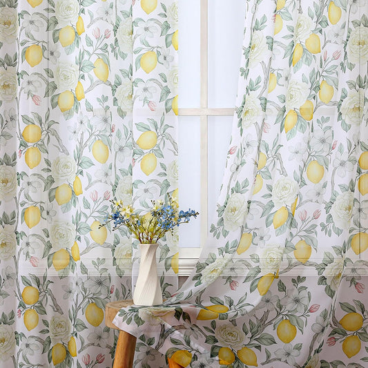OWENIE Lemon Floral Botanical Sheer Curtains 84 Inches Long 2 Panels Set, Yellow Lemon & White Rose Print Light Filtering Rod Pocket Window Drapes for Living Room Bedroom Farmhouse Cottage Decor
