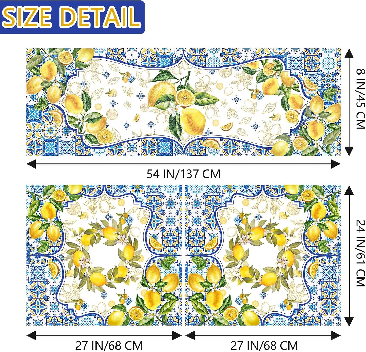 Lemon Mediterranean Kitchen Curtains, Yellow and Blue Summer Curtain Sets for Windows, Farmhouse Sunshine Window Curtains Over Sink and Valances Set of 3, Seasonal Decorations for Home, 54”x24”