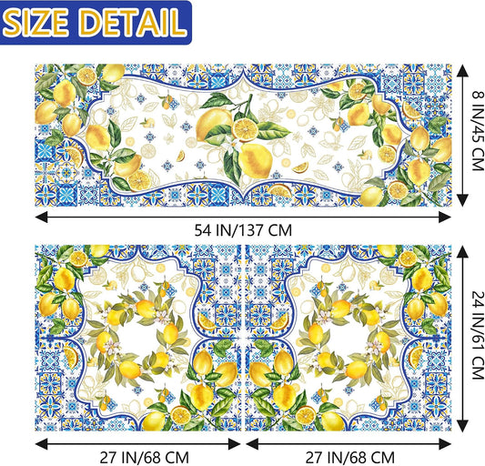 Lemon Mediterranean Kitchen Curtains, Yellow and Blue Summer Curtain Sets for Windows, Farmhouse Sunshine Window Curtains Over Sink and Valances Set of 3, Seasonal Decorations for Home, 54”x24”
