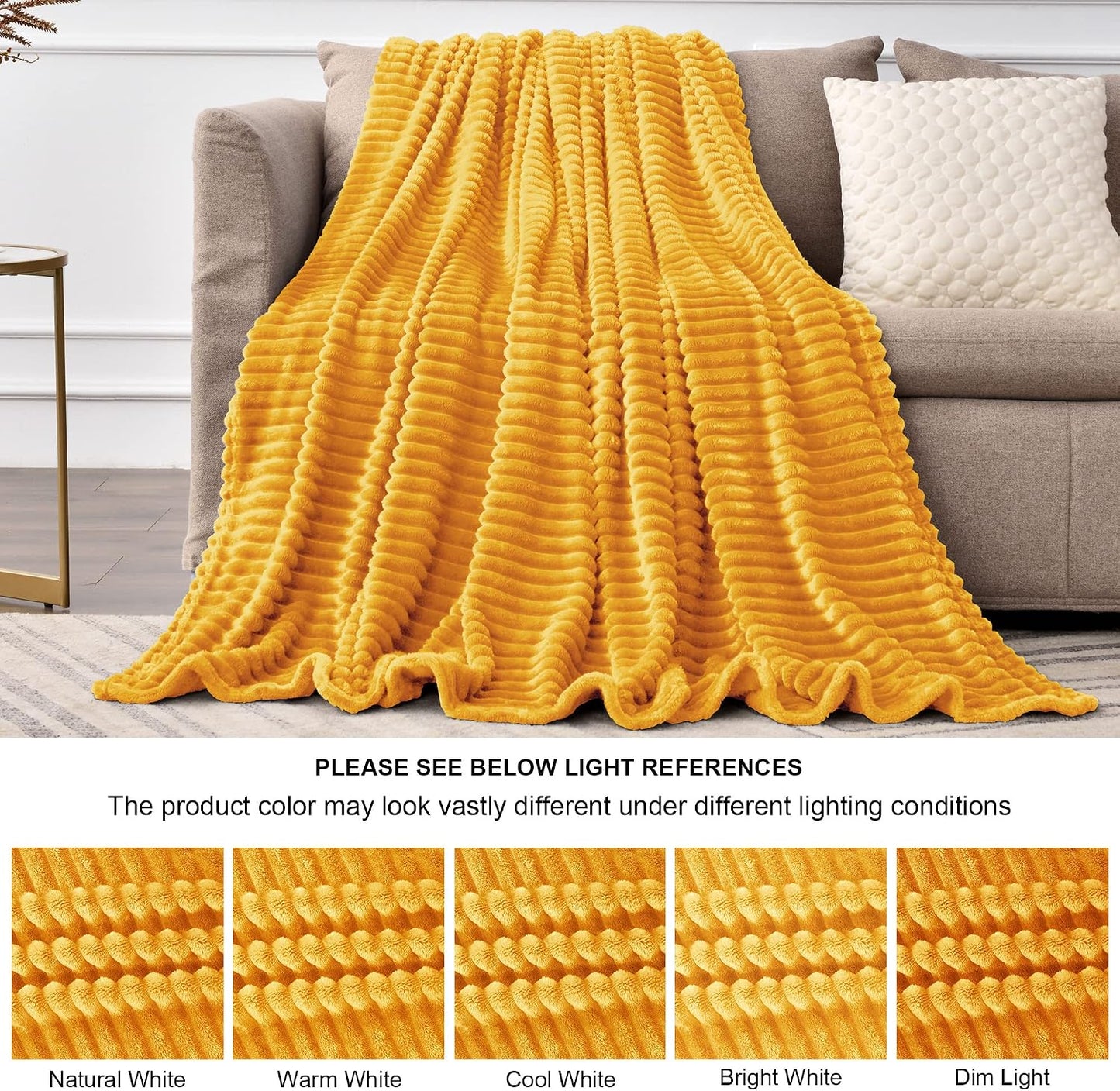 BEDELITE Fleece Blanket - 3D Ribbed Jacquard Decorative Yellow Throw Blanket for Couch & Bed, Lightweight Warm Cozy Soft Fuzzy Blankets All Seasons Suitable 50x60 inches