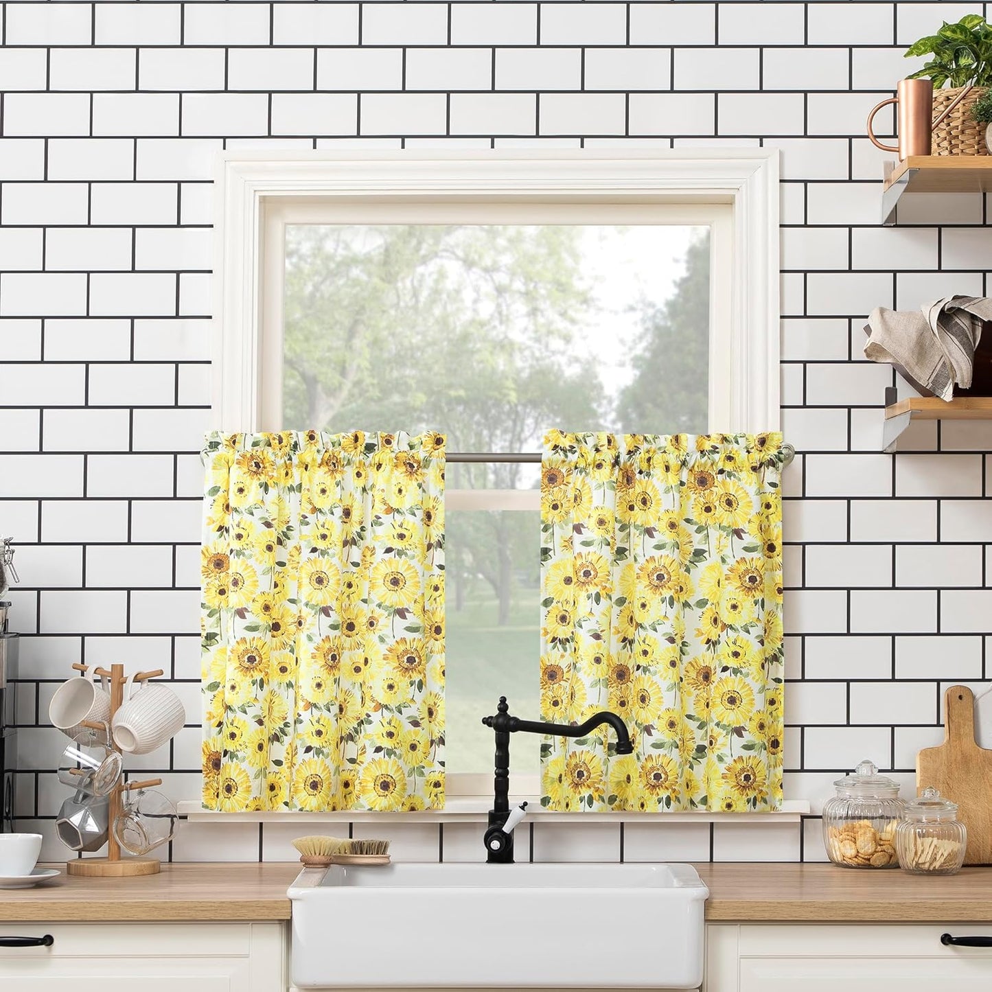 No. 918 Sunbeam Sunflower Print Semi-Sheer Rod Pocket Kitchen Curtain Valance and Tiers Set, 54" x 24", Yellow