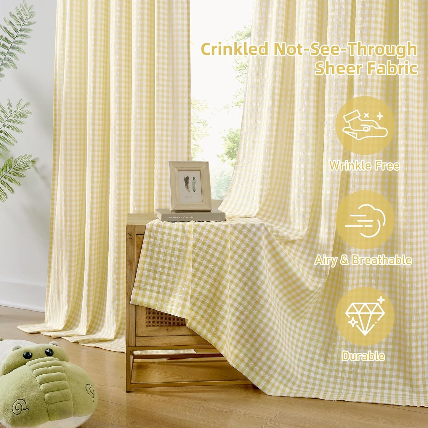 ZJDECOR 84 Inches Yellow White Buffalo Plaid Curtains,Farmhouse Crinkled Not-See-Through Sheer Window Treatment for Bedroom Living Room Nursery,Rod Pocket,Tiebacks Included,52" Wx84 L(Pack of 2)