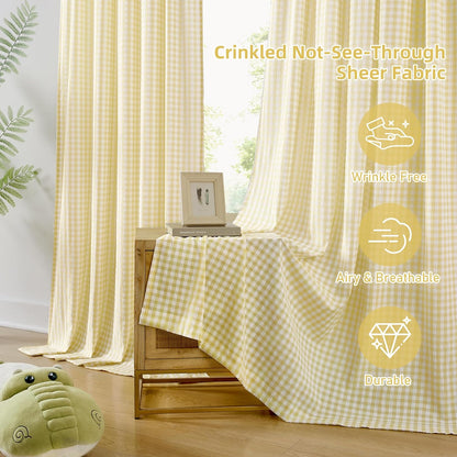 ZJDECOR 84 Inches Yellow White Buffalo Plaid Curtains,Farmhouse Crinkled Not-See-Through Sheer Window Treatment for Bedroom Living Room Nursery,Rod Pocket,Tiebacks Included,52" Wx84 L(Pack of 2)