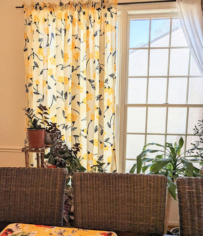 DaDa Bedding Botanical Floral Window Curtain Panels - Natural Semi Sheer Yellow Fleur Golden Orange Spring Time Tulips Straight Tailored Edge - 54 x 84