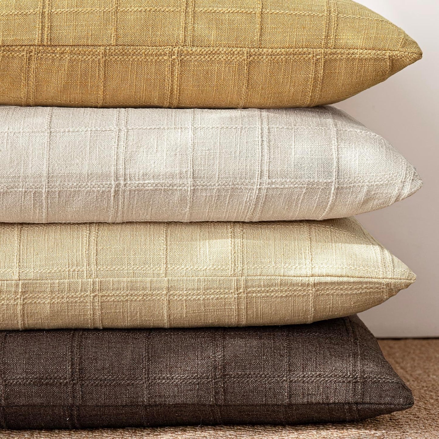 Foindtower Set of 1 Decorative Linen Check Throw Pillow Cover Neutral Farmhouse Lumbar Cushion Cover Modern Boho Accent Home Decor for Sofa Chair Couch Bedroom Living Room,12×20 Inch,Light Yellow