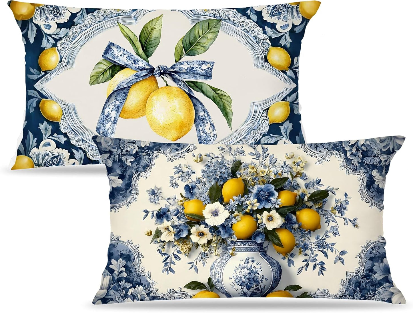 Mediterranean Italian Lemon Lumbar Pillow Covers 12x20 Set of 2, Amalfi Coast Blue and White Floral Bow Yellow Lemon Decorative Throw Pillow Covers Cases for Couch Bed Home Room Bedroom