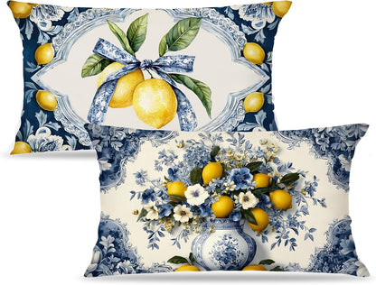 Mediterranean Italian Lemon Lumbar Pillow Covers 12x20 Set of 2, Amalfi Coast Blue and White Floral Bow Yellow Lemon Decorative Throw Pillow Covers Cases for Couch Bed Home Room Bedroom