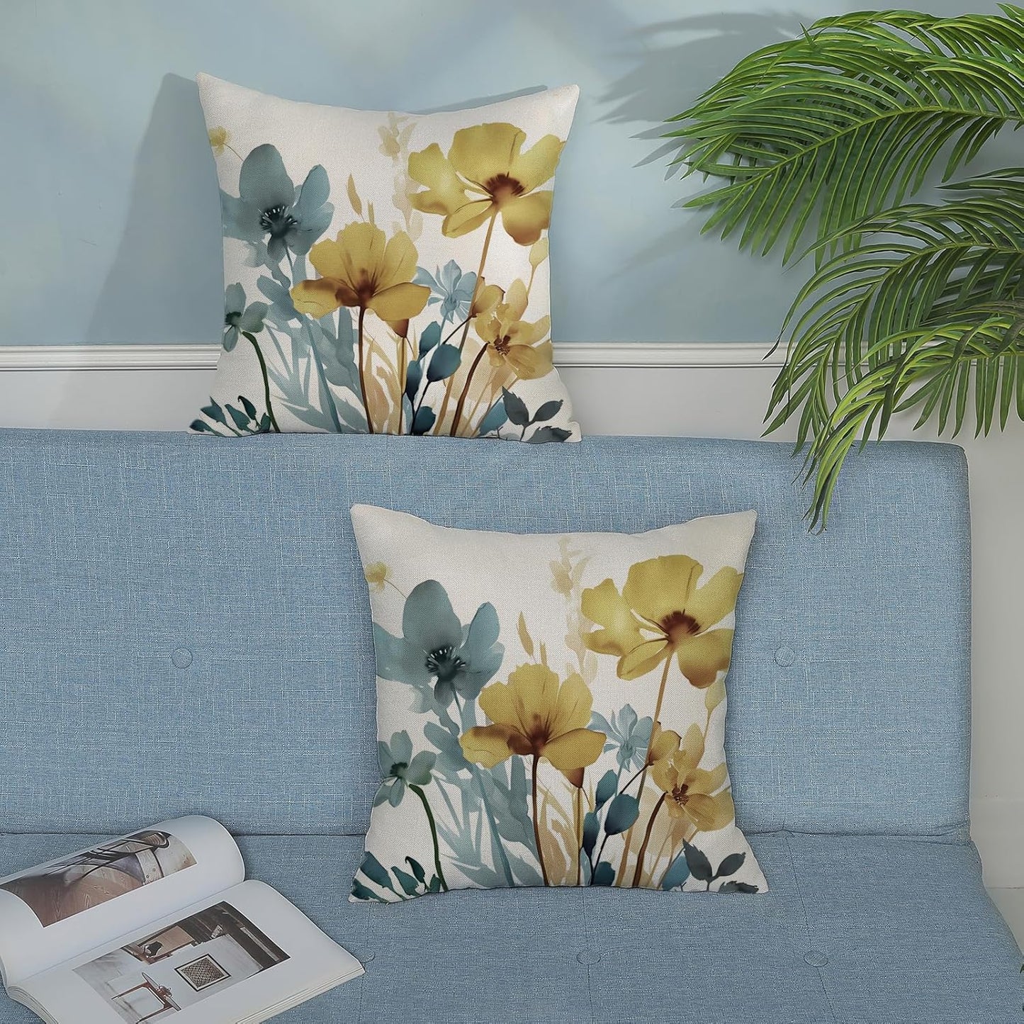 Spring Floral Pillow Covers 18x18 Inch Set of 2 Blue Yellow Floral Throw Pillow Cover Outdoor Modern Summer Flower Decoration Pillowcase Farmhouse Decorative Linen Cushion Cover For Sofa Couch