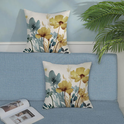 Spring Floral Pillow Covers 18x18 Inch Set of 2 Blue Yellow Floral Throw Pillow Cover Outdoor Modern Summer Flower Decoration Pillowcase Farmhouse Decorative Linen Cushion Cover For Sofa Couch