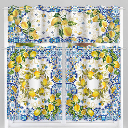Lemon Mediterranean Kitchen Curtains, Yellow and Blue Summer Curtain Sets for Windows, Farmhouse Sunshine Window Curtains Over Sink and Valances Set of 3, Seasonal Decorations for Home, 54”x24”