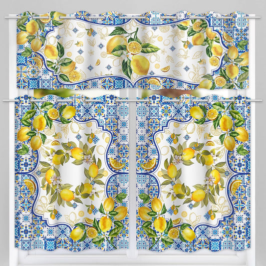 Lemon Mediterranean Kitchen Curtains, Yellow and Blue Summer Curtain Sets for Windows, Farmhouse Sunshine Window Curtains Over Sink and Valances Set of 3, Seasonal Decorations for Home, 54”x24”