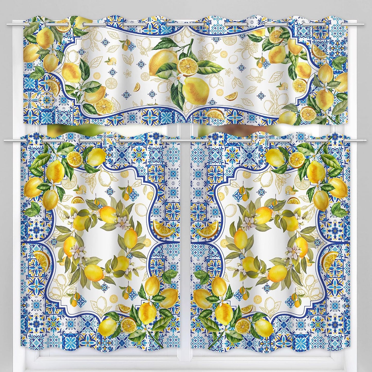 Lemon Kitchen Valance for Windows, Yellow and Blue Mediterranean Curtains Valances 54”x18”, Farmhouse Sunner Decorations for Home, Seasonal Sunshine Window Treatment Tiers
