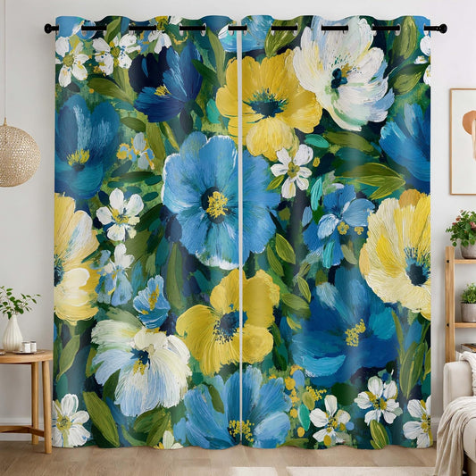 Yellow Blue Flower Blackout Curtains 2 Panels 42x84 Inch | Vintage Artistic Colorful Flower Window Drapes, Modern Abstract Oil Painting Style, Grommet Curtains, For Bedroom Living Room