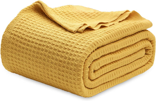 Bedsure 100% Cotton Blanket King Size for Bed - Breathable and Soft for Summer, Thick Cozy Waffle Weave Blanket Gifts for Women, Mustard Yellow, 104x90 inches