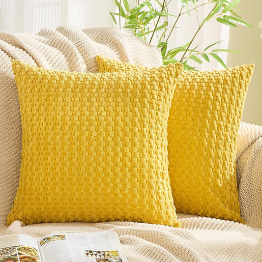 GAWAMAY Decorative Throw Pillow Covers 20x20 Inch Set of 2 for Living Room Couch Bed Sofa, Farmhouse Square Cushion Cover Soft Striped Corduroy Pillow Cases Boho Accent Home Decor (50x50cm) Yellow