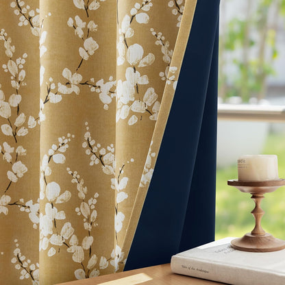 FMFUNCTEX 100% Blackout Floral Curtains for Bedroom, Mustard Yellow Curtain 84 inches Long Blossom Patterned for Living Room, Thermal Insulated Farmhouse Drapes, Grommet Top 2 Panels (White on Yellow)