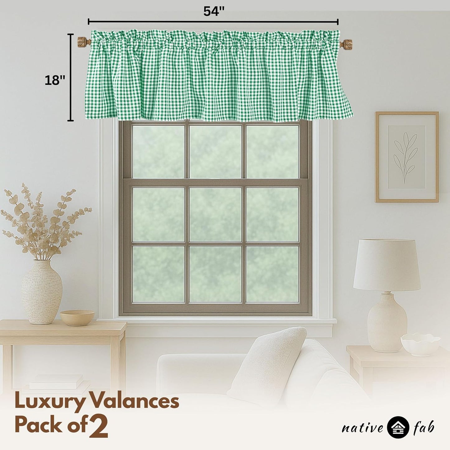 Native Fab Gingham Plaid Check 2 Pack Window Curtain Valance Set - Rod Pocket - Semi Sheer - Half Curtain for Kitchen, Bedroom, Living Room, Bathroom, Farmhouse - 54"x18" - Lemon Green