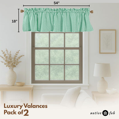 Native Fab Gingham Plaid Check 2 Pack Window Curtain Valance Set - Rod Pocket - Semi Sheer - Half Curtain for Kitchen, Bedroom, Living Room, Bathroom, Farmhouse - 54"x18" - Lemon Green