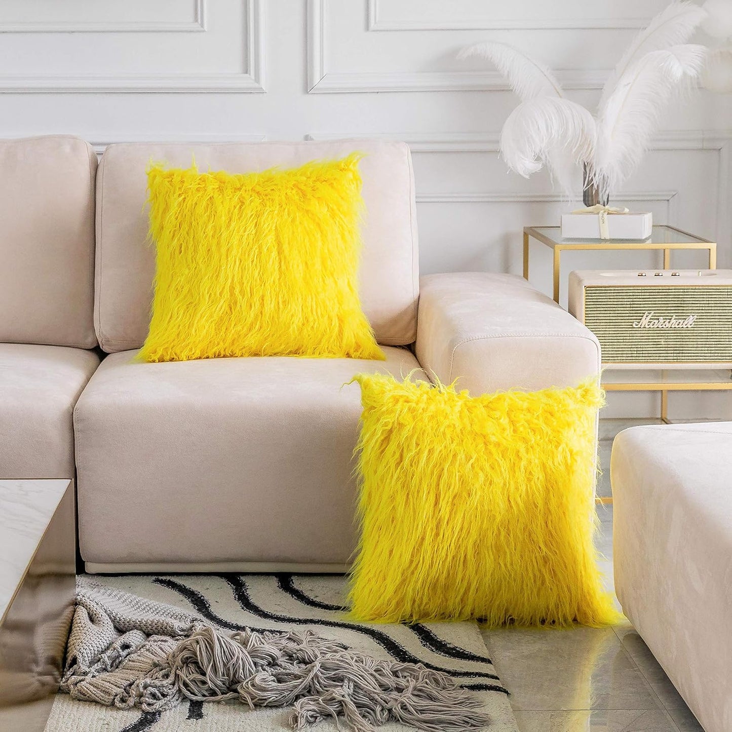 Home Brilliant Yellow Fur Pillow Covers Furry Fuzzy Accent Throw Pillow Covers Decorative for Couch Sofa Bed Holiday Summer Decoration Girl Gift, Set of 2 (18 x 18 Inch, Yellow)