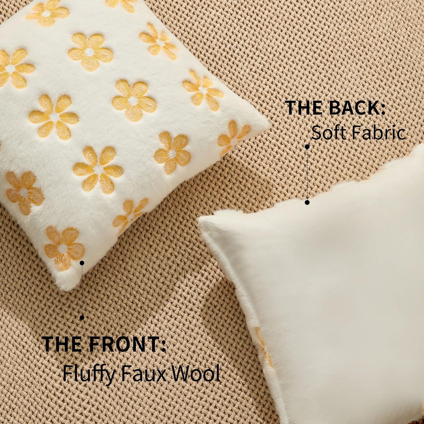 DFXSZ Spring Summer Pillow Covers 20x20 inch Set of 2 Farmhouse Decor Yellow Embroidery Daisy White Soft Plush Faux Fur Jacquard Throw Pillows for Sofa Holiday Spring Home Decor PTK081A20