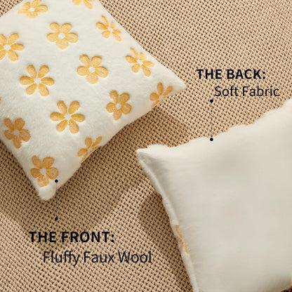 DFXSZ Spring Summer Pillow Covers 20x20 inch Set of 2 Farmhouse Decor Yellow Embroidery Daisy White Soft Plush Faux Fur Jacquard Throw Pillows for Sofa Holiday Spring Home Decor PTK081A20