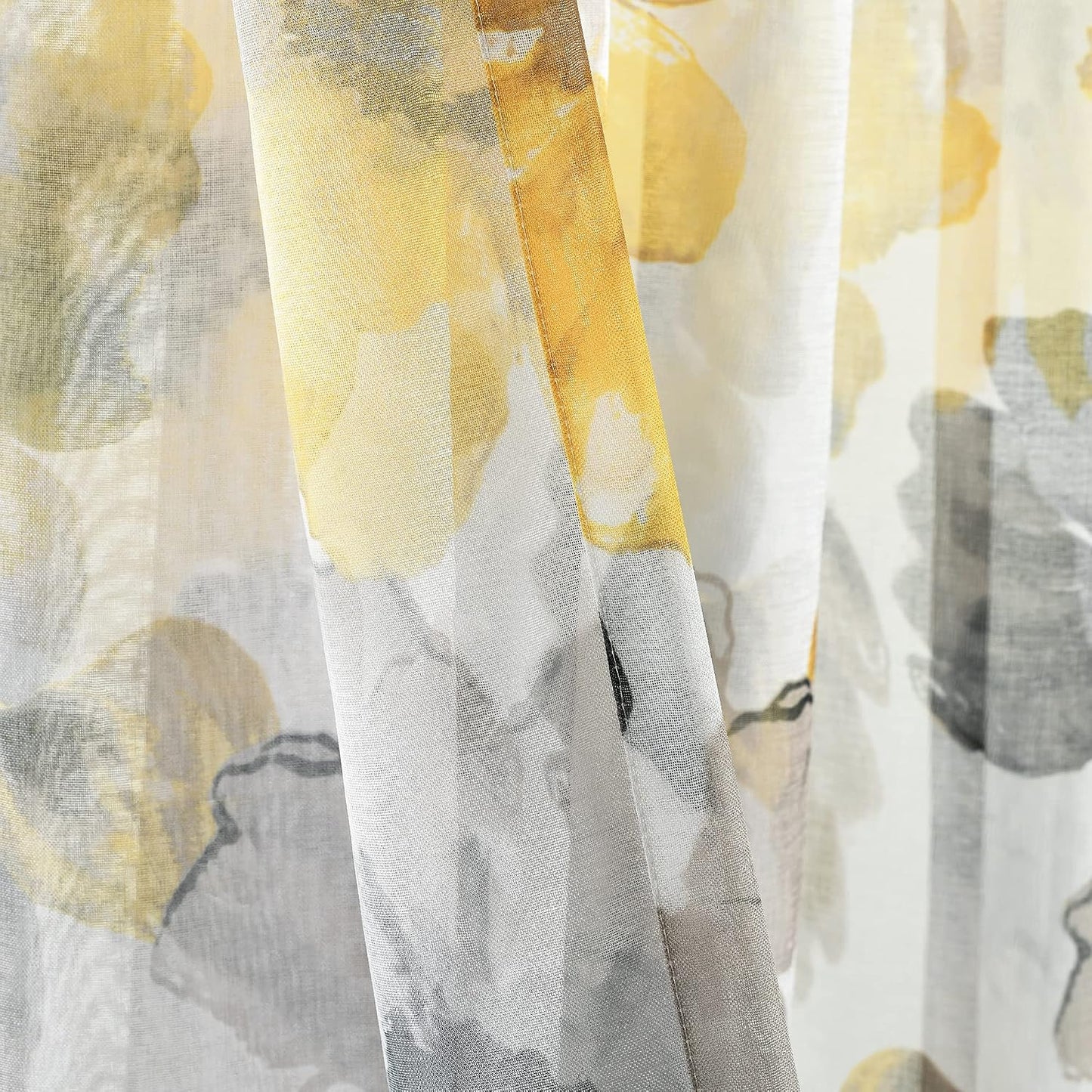 Lush Decor Leah Floral Sheer Window Curtain Panels Pair 52"W x 84"L Yellow & Gray - Floral Curtains for Bedroom - Sheer Curtains for Living Room