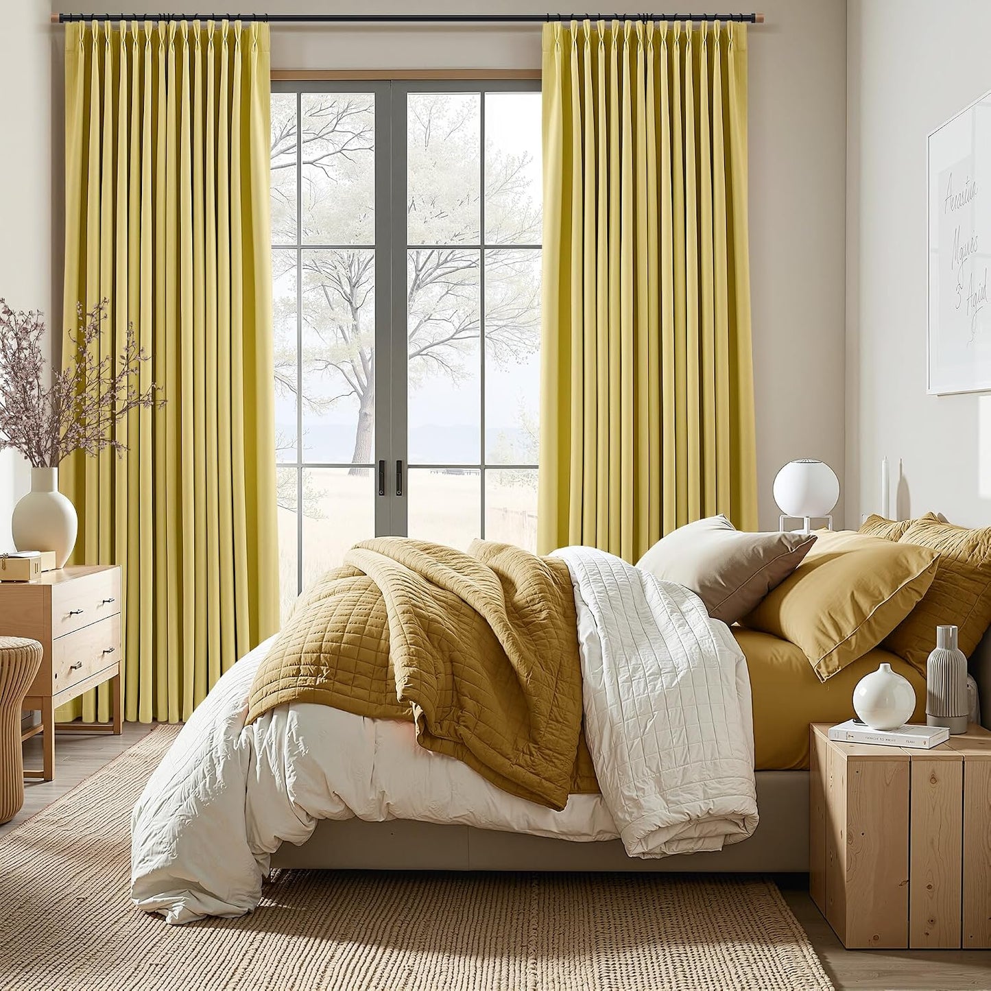 Yellow Pinch Pleated Linen 100% Blackout Curtains 84 Inch Length 2 Panels Insulated Thermal Fall Blackout Drapes for Bedroom Living Room Darkening Pinch Pleat Curtains with Hooks Rings Clips 7 FT