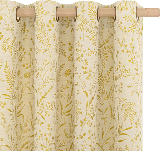 BGment Yellow Vintage Curtains for Living Room 84 Inch Length, French Country Jacquard Linen Curtains Botanical Cottage Core Farmhouse Bronze Grommet Light Filtering Drapes, 2 Panels, 52 x 84 Inch