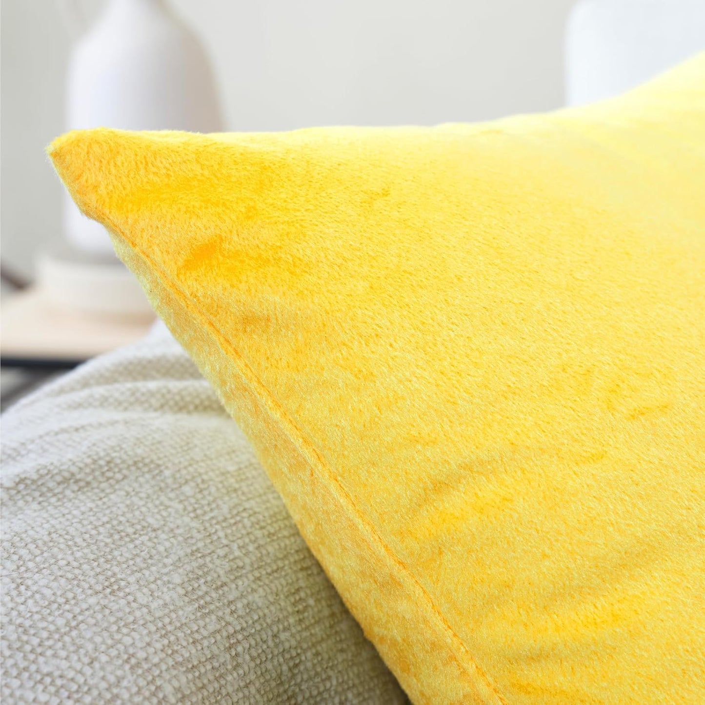 Encasa XO Velvet Throw Pillow Covers 20x20 in (50x50 cm) - Lemon Yellow - No Inserts, Pack of 2 Cases | Solid Plain Dyed Soft & Smooth, Square Decorative Cushion Covers for Living & Bedroom