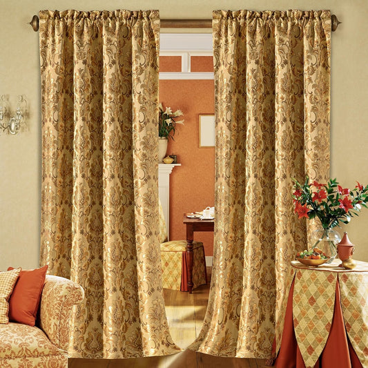 Loom and Mill Luxury Damask Curtains for Living Room, Golden Floral Thick Jacquard Window Treatment with Tiebacks for Bedroom Christmas Party Banquet Decorations (2 Panels, 52 x 108 Inch, Yellow)