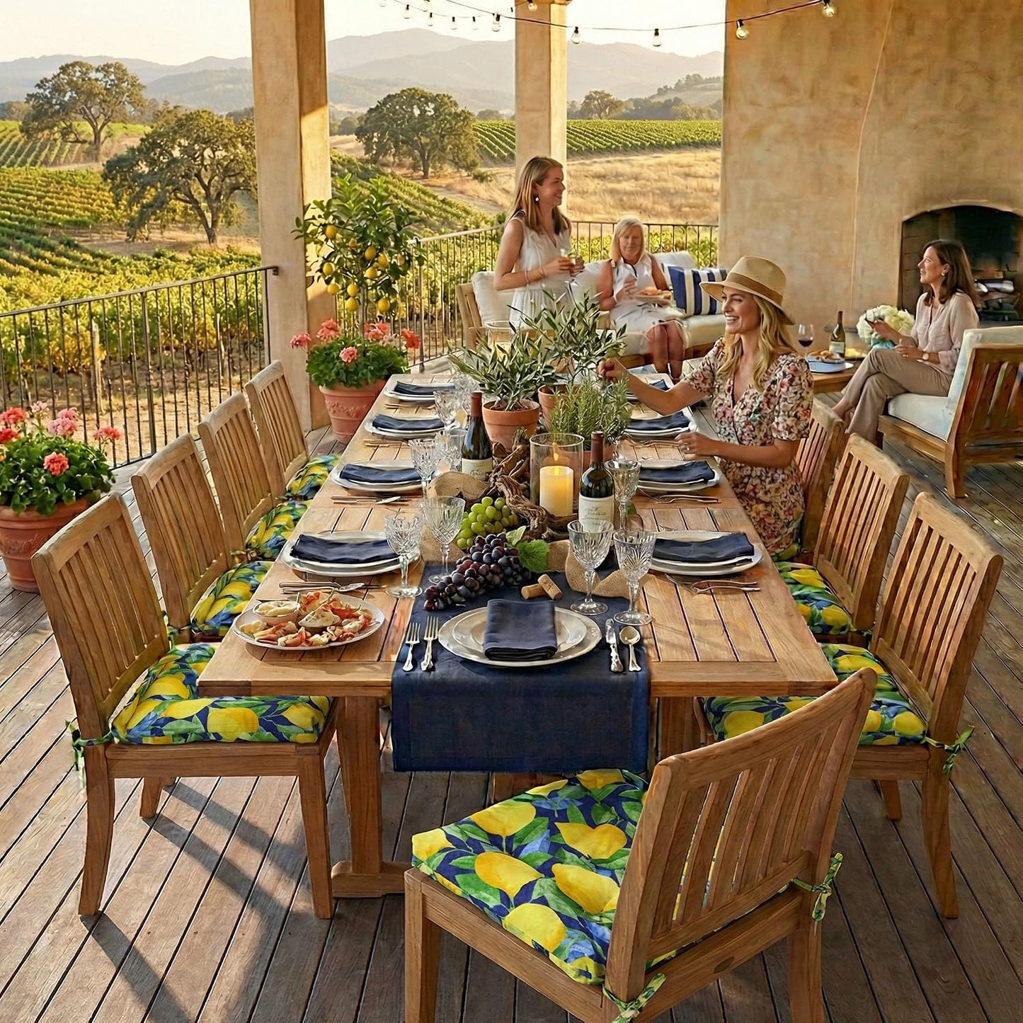 Barnett Home Decor Indoor Outdoor Dining Chair Cushions - Lemons Blue Mediterranean Size Small Patio Chair Cushions 15 x 17 - Fade Resistant Weather Resistant - Latex Foam Fill Pad