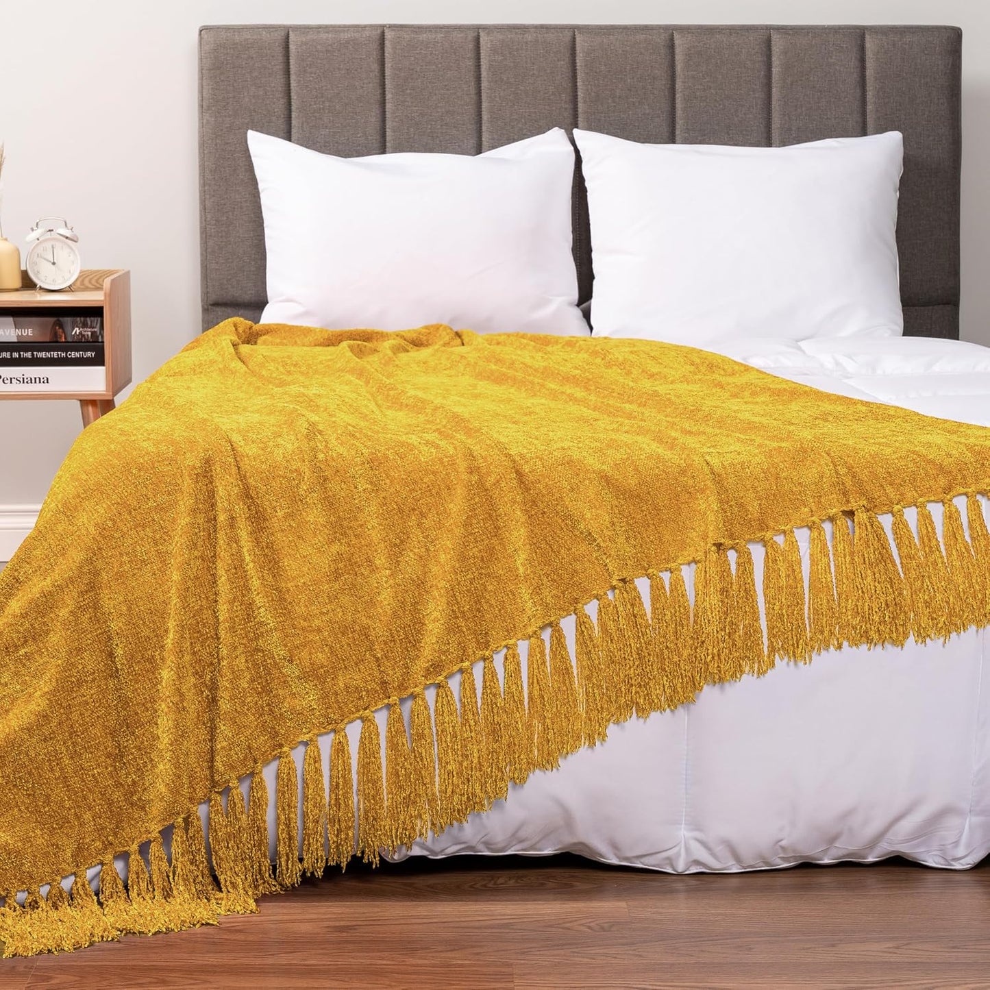 PAVILIA Mustard Yellow Blanket for Couch, Chenille Throw for Sofa Bed, Soft Knit Woven Gold Blanket with Decorative Tassel for Chair Living Room, Mustard Yellow 50x60