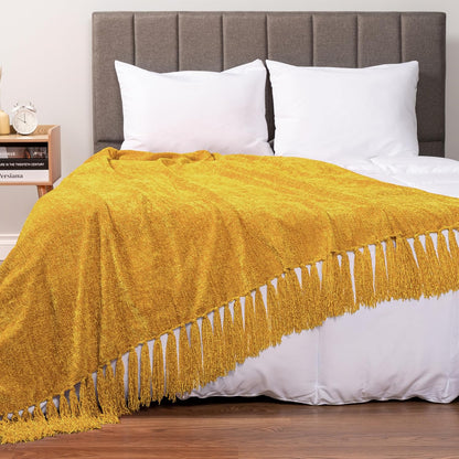PAVILIA Mustard Yellow Blanket for Couch, Chenille Throw for Sofa Bed, Soft Knit Woven Gold Blanket with Decorative Tassel for Chair Living Room, Mustard Yellow 50x60