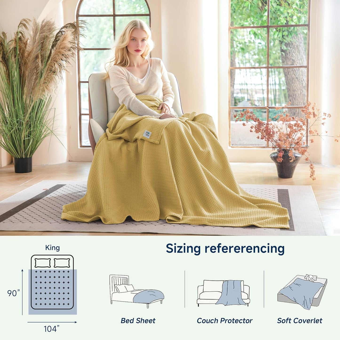 Simple&Opulence 100% Cotton Waffle Weave Blanket King Size 104"x90", Soft Lightweight Breathable Cozy Washed, Layer Throw Blanket for Couch Bed, Farmhouse Home Decor for Adult All-Season, light Yellow
