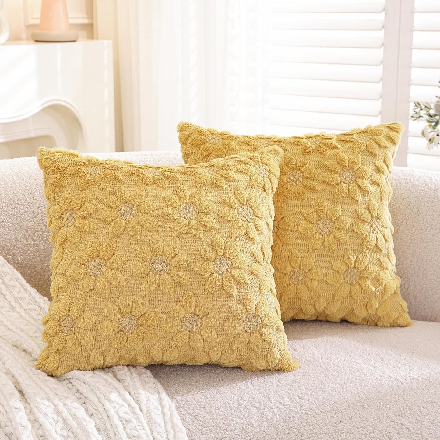 TAOSON Pack of 2, Spring Summer Farmhouse Mustard Yellow Flower Heart Sunflower Soft Plush Faux Fur Jacquard Throw Pillow Covers Soft Couch Pillowcases Cushion Covers for Living Room Bed Sofa 18 x 18