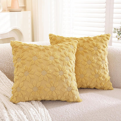 TAOSON Pack of 2, Spring Summer Farmhouse Mustard Yellow Flower Heart Sunflower Soft Plush Faux Fur Jacquard Throw Pillow Covers Soft Couch Pillowcases Cushion Covers for Living Room Bed Sofa 18 x 18