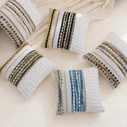 18x18 Inch Boho Pillow Covers Set of 2 Chenille Throw Pillow Cases for Couch Farmhouse Decorative Striped Cushion Covers for Sofa Bedroom Living Room (Blue Yellow)
