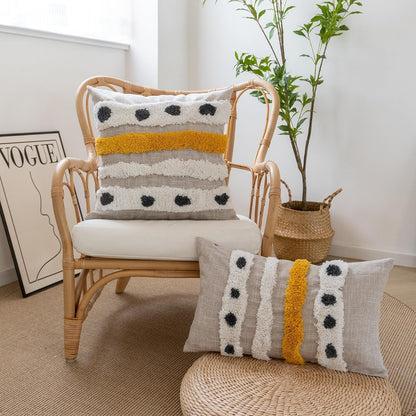 Boho Tufted Lumbar Throw Pillow Cover with Handwoven Stripes, Linen Cotton Simple Decorative Cushion Case for Couch Sofa, 1 PC (Beige Yellow, 12x20 inch)
