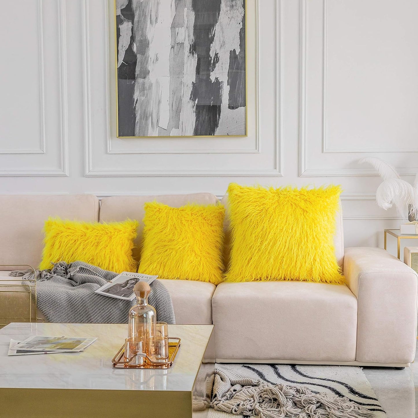 Home Brilliant Yellow Fur Pillow Covers Furry Fuzzy Accent Throw Pillow Covers Decorative for Couch Sofa Bed Holiday Summer Decoration Girl Gift, Set of 2 (18 x 18 Inch, Yellow)