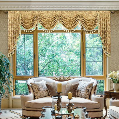 Loom and Mill Luxury Waterfall Valances for Windows, Elegant Jacquard Thick Swag Waterfall Curtains Valance with Tassels for Living Room, Bedroom Party Christmas Decor (Yellow, W110 Inch, 1 Panel)