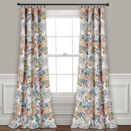 Lush Decor Sydney Light Filtering Window Curtain Panels, Pair, 52" W x 84" L, Blue & Yellow - Drapes - Floral Curtains for Bedroom - Vintage Curtains - Coquette Decor
