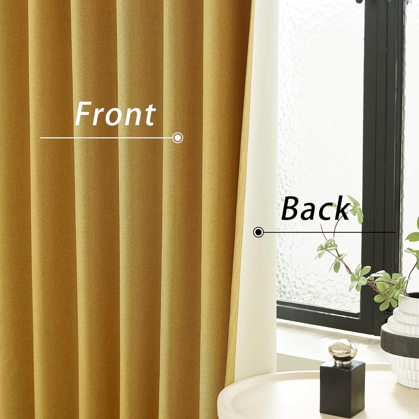 DUALIFE Yellow Linen Full Blackout Curtains 108 Inch Length 2 Panels Set for Living Opaque Privacy Back Tab Thermal Insulated 100% Black Out Room Darkening 9ft Window Curtain Drapes 108 Inches Long