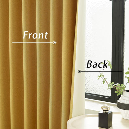 DUALIFE Yellow Linen Full Blackout Curtains 108 Inch Length 2 Panels Set for Living Opaque Privacy Back Tab Thermal Insulated 100% Black Out Room Darkening 9ft Window Curtain Drapes 108 Inches Long