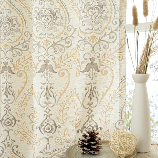 LAMIT French Country Yellow Linen Curtains for Living Room, 84 Inch Length Vintage Damask Floral Printed Curtains Grommet Light Filtering Rustic Cottage Drapes, 2 Panels, Each 52 x 84 Inch